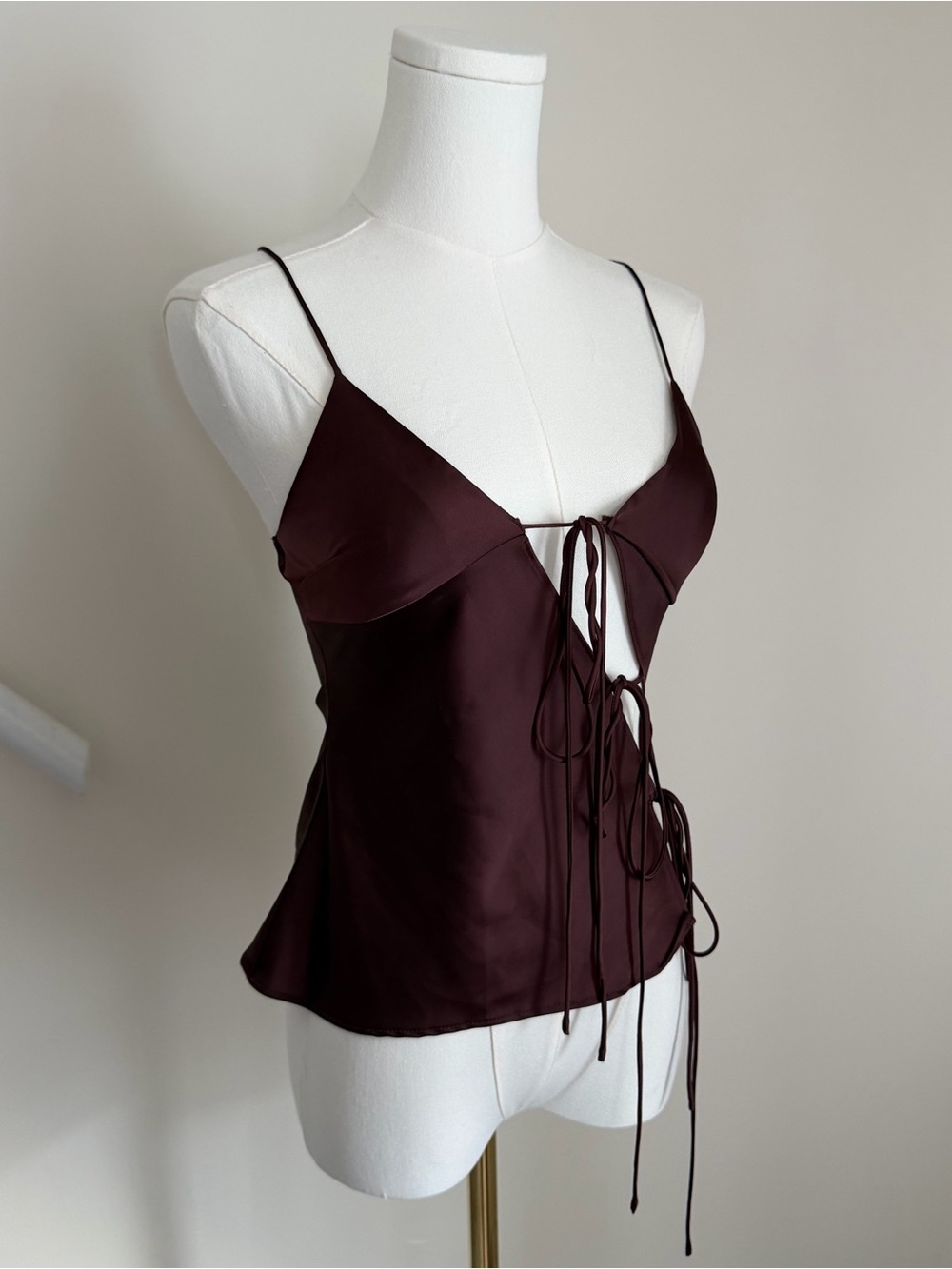Lioness Satin Burgundy Brown Lacey Tie Front Trendy Y2K Camisole Tank Top Blouse